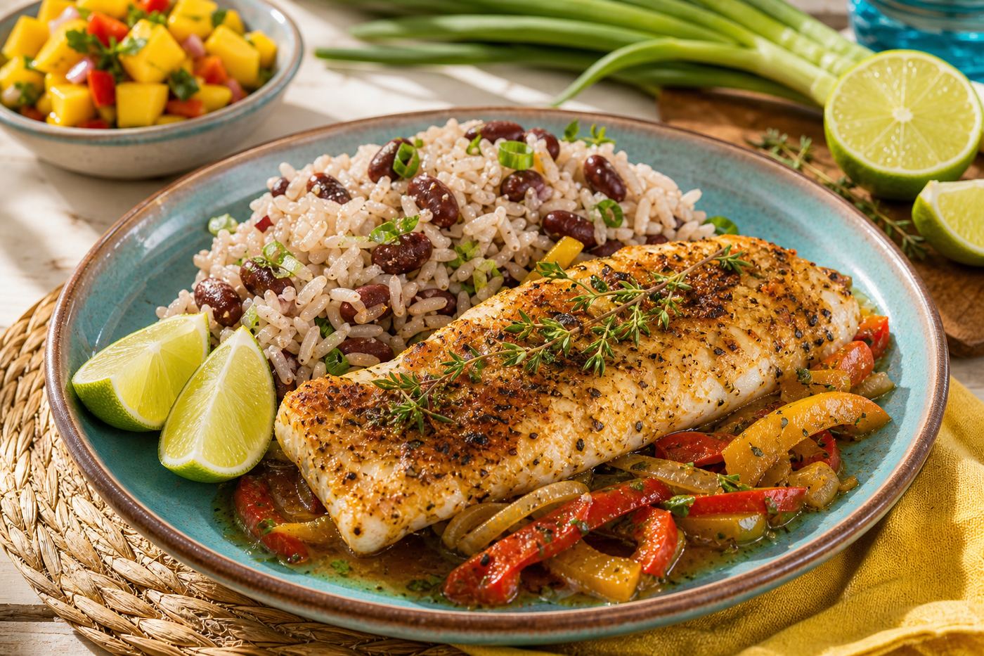 Caribbean Baked Cod with Rice and Peas