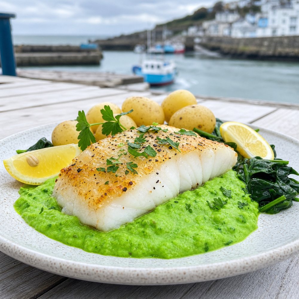 Cod with Pea Puree and New Potatoes (United Kingdom)