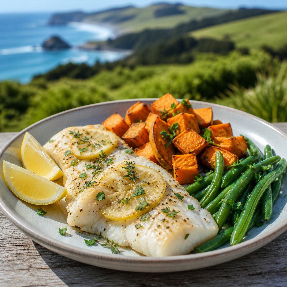 Lemon Baked Hoki with Kumara (New Zealand)